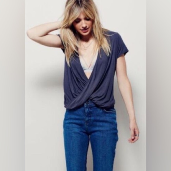 NEW Free People We The Free Gray Hoffman Faux Wrap Crossover Tee Shirt Top Sz M - Picture 1 of 9